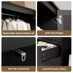 Armoire de 176,5 cm, armoire penderie en bois avec 3 tiroirs, tringle à vêtements, 2 portes, armoire de rangement pour vêtements pour chambre à coucher, porte en rotin