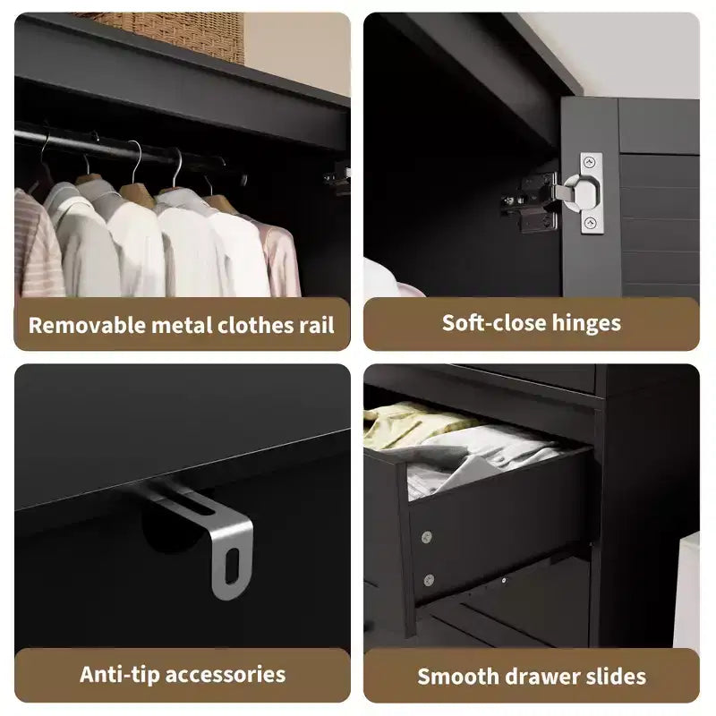 Armoire de 176,5 cm, armoire penderie en bois avec 3 tiroirs, tringle à vêtements, 2 portes, armoire de rangement pour vêtements pour chambre à coucher, porte en rotin