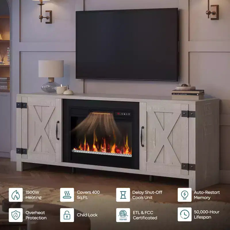 Bestier Meuble TV de cheminée rustique 63 po pour téléviseurs jusqu'à 70 po, centre de divertissement avec cheminée chauffante 23 po et armoire avec porte de grange
