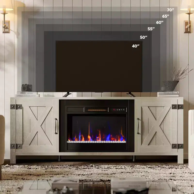 Bestier Meuble TV de cheminée rustique 63 po pour téléviseurs jusqu'à 70 po, centre de divertissement avec cheminée chauffante 23 po et armoire avec porte de grange
