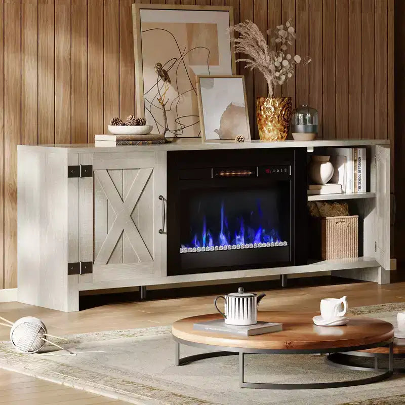 Bestier Meuble TV de cheminée rustique 63 po pour téléviseurs jusqu'à 70 po, centre de divertissement avec cheminée chauffante 23 po et armoire avec porte de grange