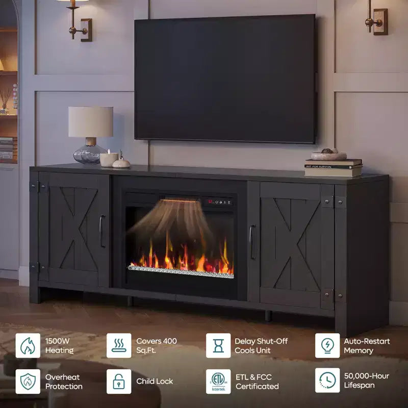 Bestier Meuble TV de cheminée rustique 63 po pour téléviseurs jusqu'à 70 po, centre de divertissement avec cheminée chauffante 23 po et armoire avec porte de grange