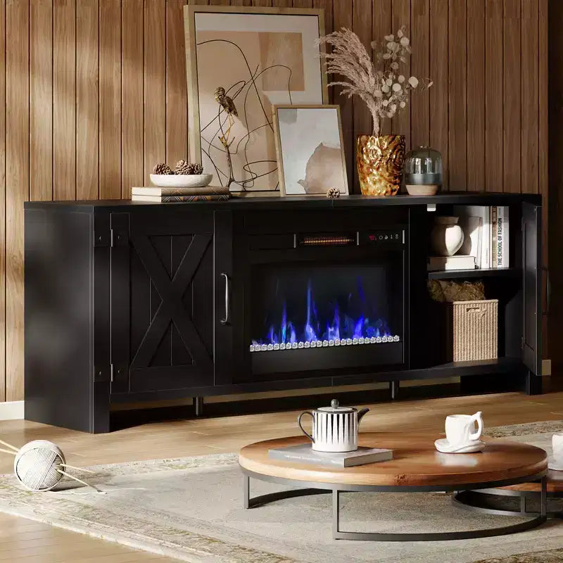 Bestier Meuble TV de cheminée rustique 63 po pour téléviseurs jusqu'à 70 po, centre de divertissement avec cheminée chauffante 23 po et armoire avec porte de grange