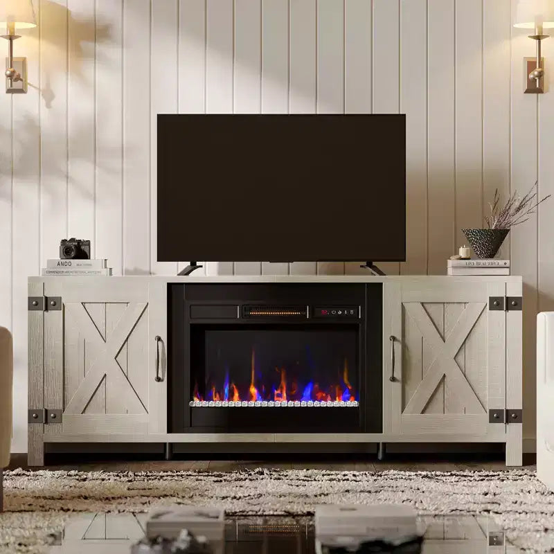 Bestier Meuble TV de cheminée rustique 63 po pour téléviseurs jusqu'à 70 po, centre de divertissement avec cheminée chauffante 23 po et armoire avec porte de grange
