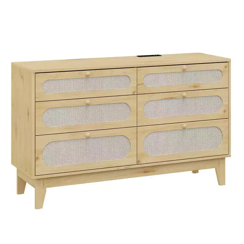 52.1 Commode en rotin avec station de charge, commode en bois à 6 tiroirs pour chambre à coucher avec tiroirs de capacités variées