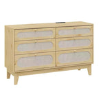 52.1 Commode en rotin avec station de charge, commode en bois à 6 tiroirs pour chambre à coucher avec tiroirs de capacités variées