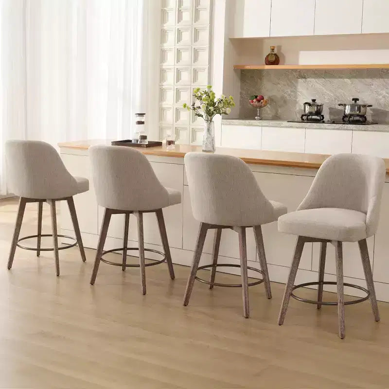 Lot de 4 tabourets de bar pivotants Bekrvio de 66 cm avec dossiers et pieds en bois, tabourets de bar rembourrés en tissu lin/cuir PU pour îlot de cuisine