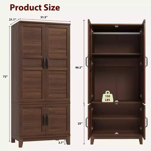 Armoire-penderie en bois de 72 po avec tringle de suspension, armoire haute autoportante avec 18 tablettes réglables