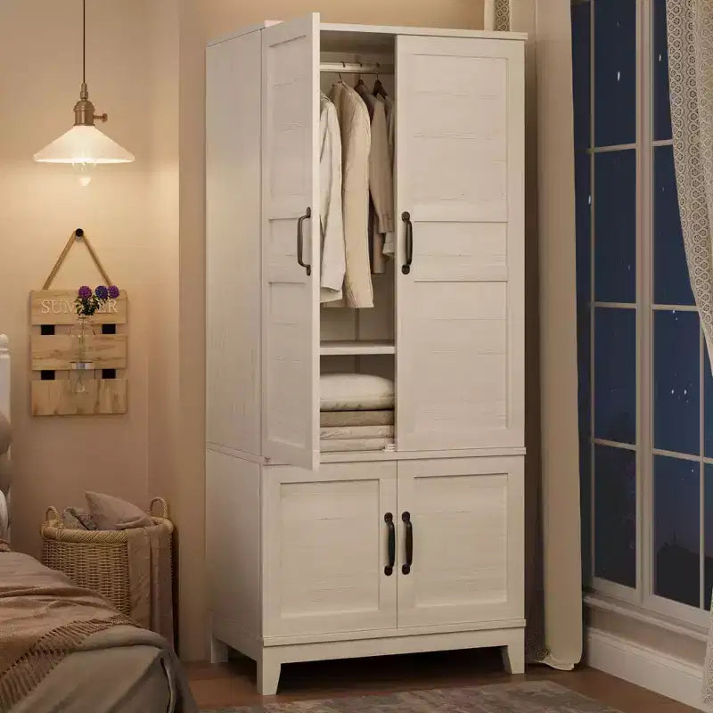 Armoire-penderie en bois de 72 po avec tringle de suspension, armoire haute autoportante avec 18 tablettes réglables
