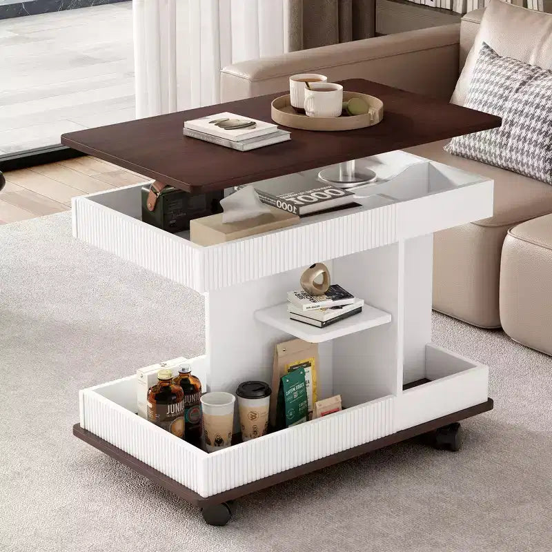 Table d'appoint Bestier avec roulettes, Table d'appoint moderne relevable avec plateau rotatif à 360°, Table de canapé avec espace de rangement pour salon, chambre