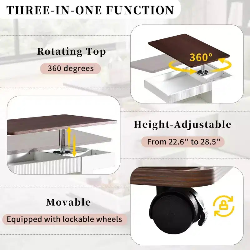 Table d'appoint Bestier avec roulettes, Table d'appoint moderne relevable avec plateau rotatif à 360°, Table de canapé avec espace de rangement pour salon, chambre