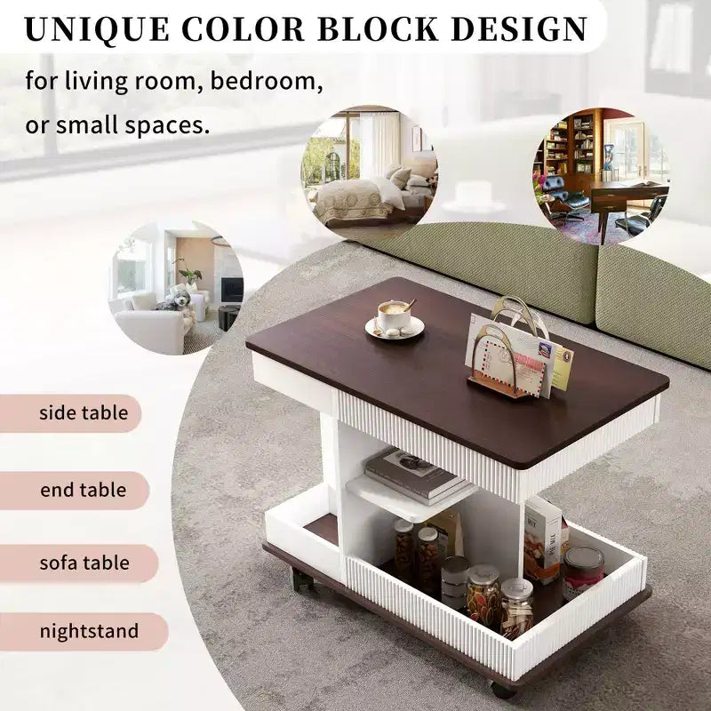 Table d'appoint Bestier avec roulettes, Table d'appoint moderne relevable avec plateau rotatif à 360°, Table de canapé avec espace de rangement pour salon, chambre