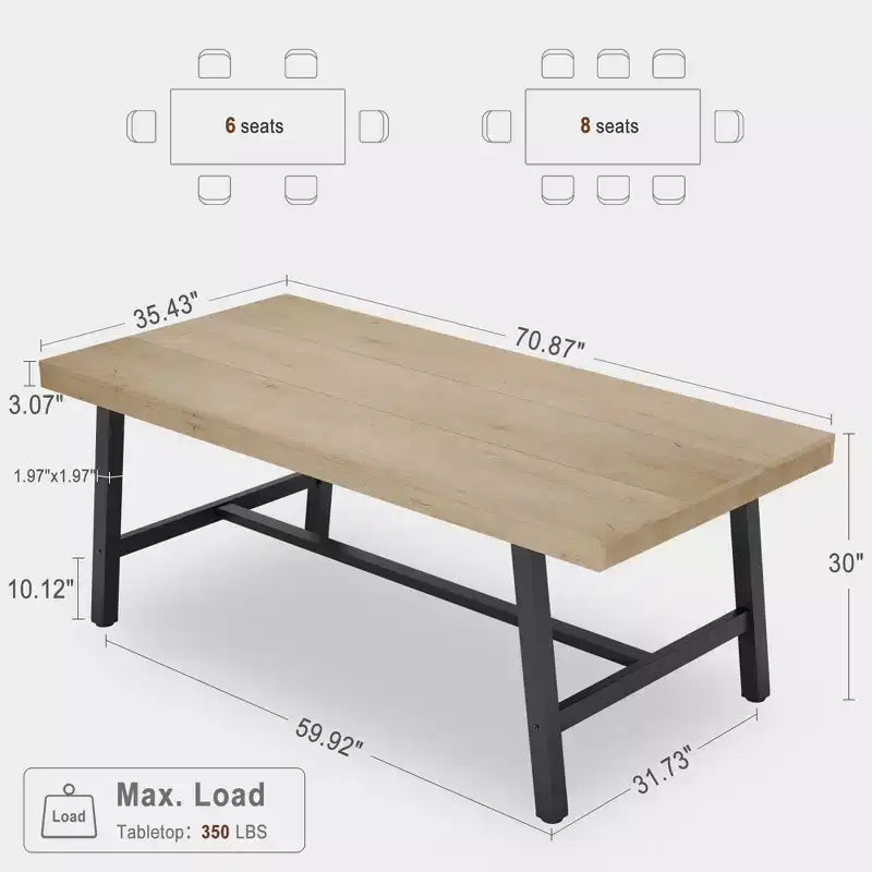 71 Table de salle à manger pour 6 à 10 personnes, table de cuisine rectangulaire de style ferme moderne, avec pieds réglables et cadre en métal robuste, pour salle à manger, salon, sans chaise