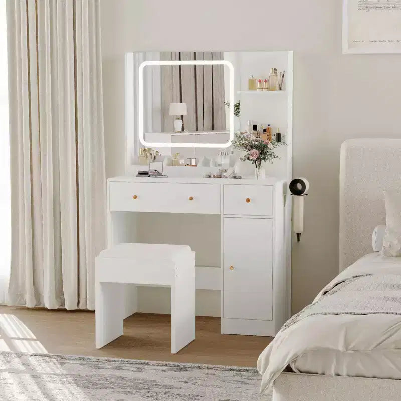Coiffeuse avec miroir, grande table de maquillage de 94 cm avec tiroirs et tabouret, coiffeuse moderne pour petite chambre à coucher