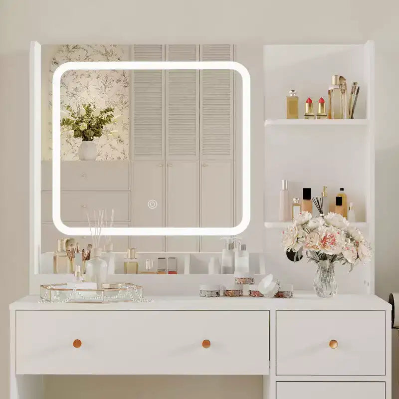 Coiffeuse avec miroir, grande table de maquillage de 94 cm avec tiroirs et tabouret, coiffeuse moderne pour petite chambre à coucher