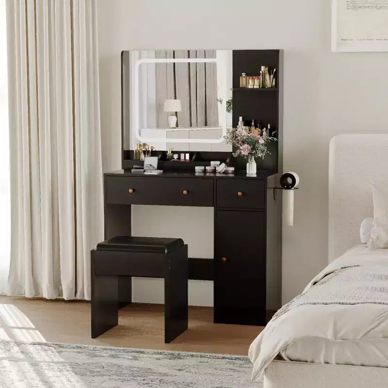 Coiffeuse avec miroir, grande table de maquillage de 94 cm avec tiroirs et tabouret, coiffeuse moderne pour petite chambre à coucher