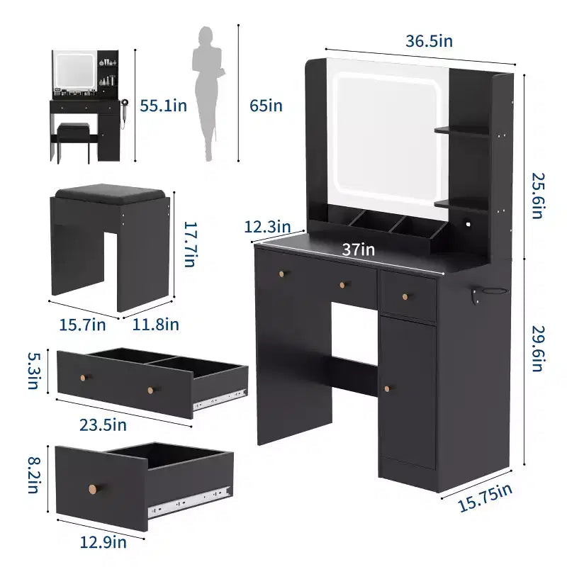 Coiffeuse avec miroir, grande table de maquillage de 94 cm avec tiroirs et tabouret, coiffeuse moderne pour petite chambre à coucher