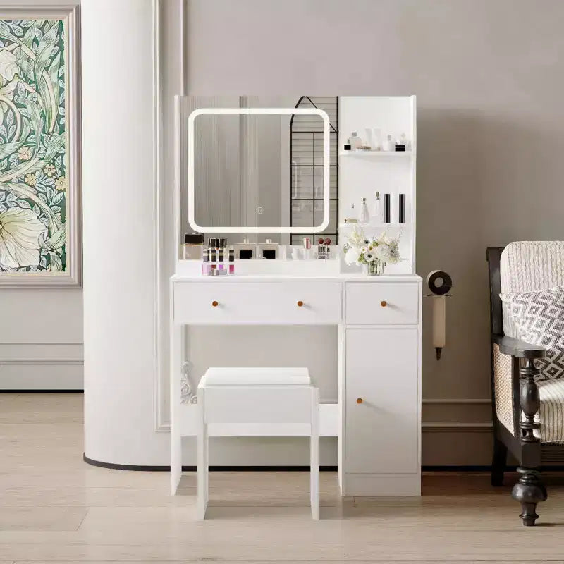 Coiffeuse avec miroir, grande table de maquillage de 94 cm avec tiroirs et tabouret, coiffeuse moderne pour petite chambre à coucher