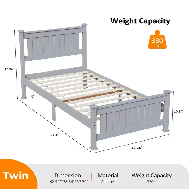 VINGLI Cadre de lit jumeau en bois massif, lit plateforme, lit simple avec tête de lit, pas besoin de sommier tapissier, support à lattes en bois, gris