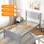 VINGLI Cadre de lit jumeau en bois massif, lit plateforme, lit simple avec tête de lit, pas besoin de sommier tapissier, support à lattes en bois, gris