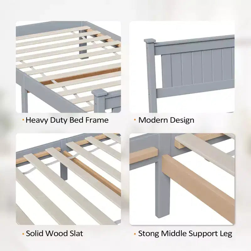 VINGLI Cadre de lit jumeau en bois massif, lit plateforme, lit simple avec tête de lit, pas besoin de sommier tapissier, support à lattes en bois, gris