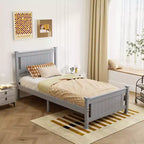 VINGLI Cadre de lit jumeau en bois massif, lit plateforme, lit simple avec tête de lit, pas besoin de sommier tapissier, support à lattes en bois, gris