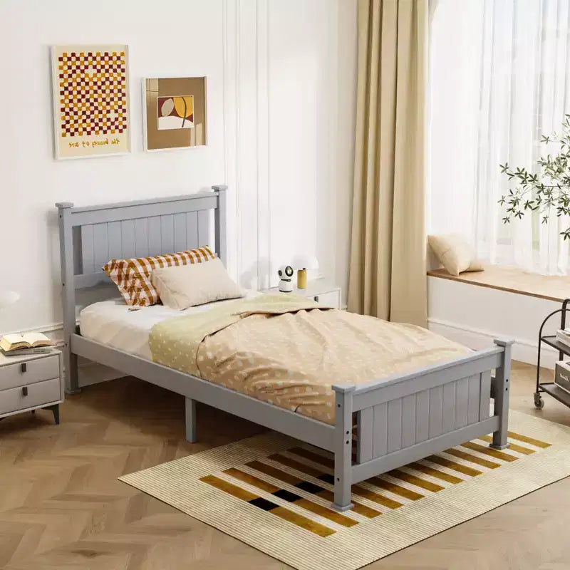 VINGLI Cadre de lit jumeau en bois massif, lit plateforme, lit simple avec tête de lit, pas besoin de sommier tapissier, support à lattes en bois, gris