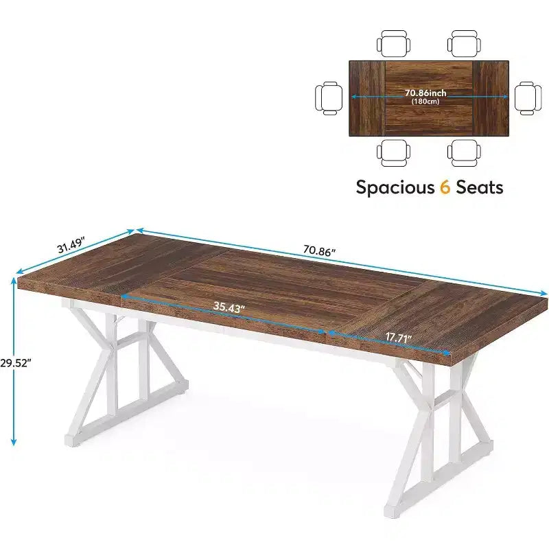 Grande table à manger rectangulaire Okak en bois rustique avec pieds métalliques en X, longue table de cuisine moderne pour salle à manger, repas de famille