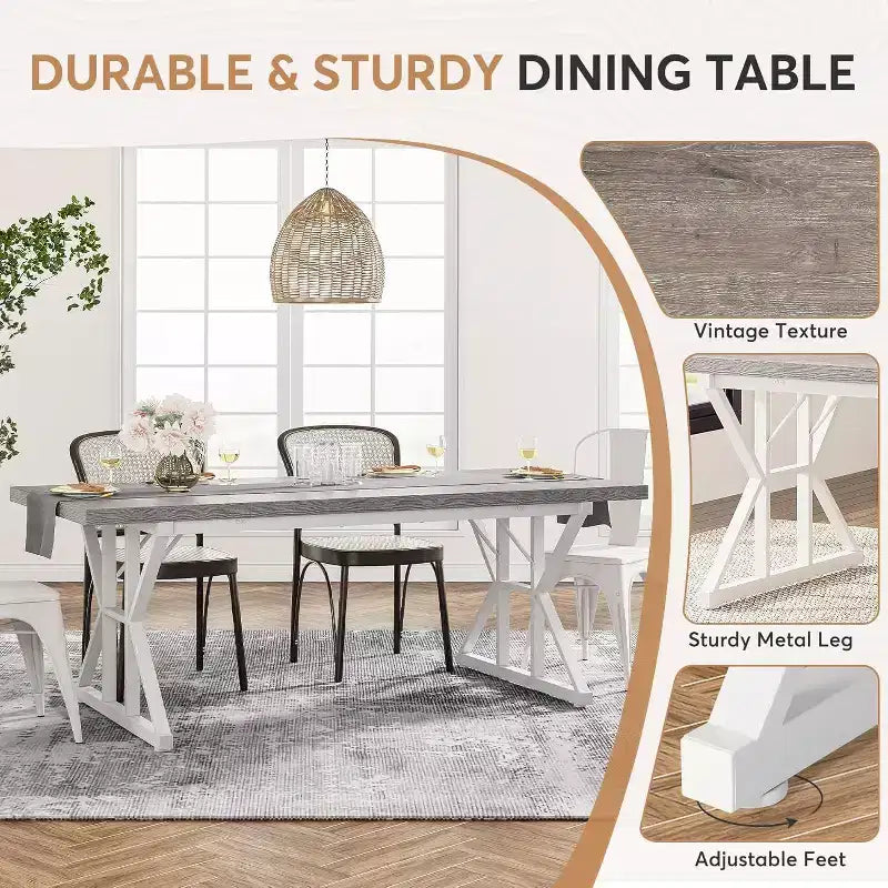 Grande table à manger rectangulaire Okak en bois rustique avec pieds métalliques en X, longue table de cuisine moderne pour salle à manger, repas de famille