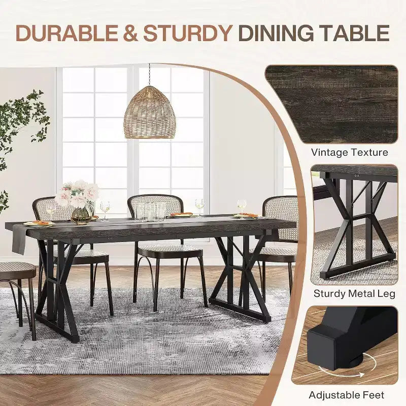 Grande table à manger rectangulaire Okak en bois rustique avec pieds métalliques en X, longue table de cuisine moderne pour salle à manger, repas de famille