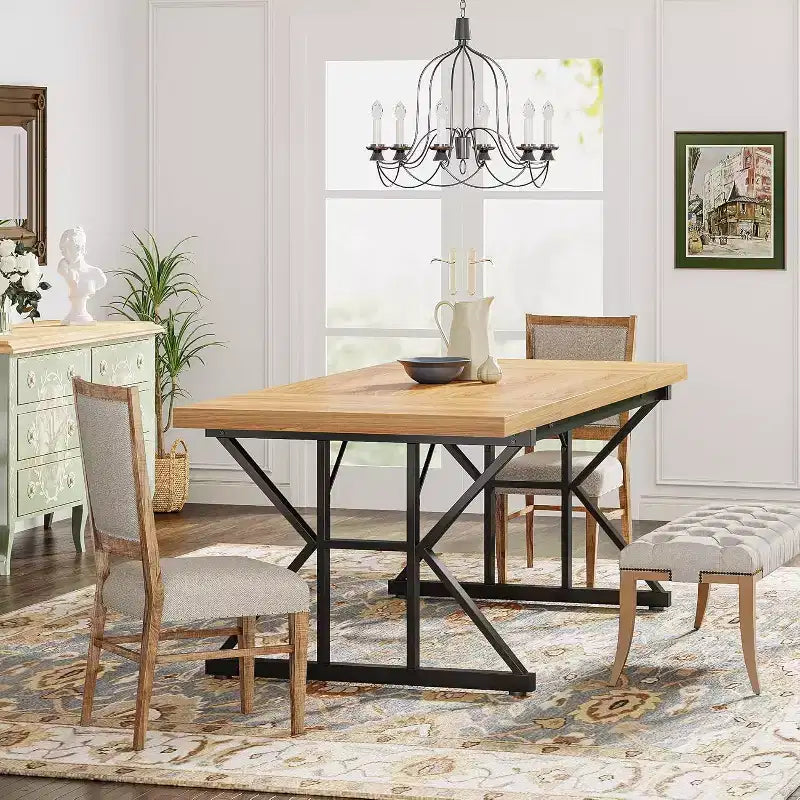 Grande table à manger rectangulaire Okak en bois rustique avec pieds métalliques en X, longue table de cuisine moderne pour salle à manger, repas de famille