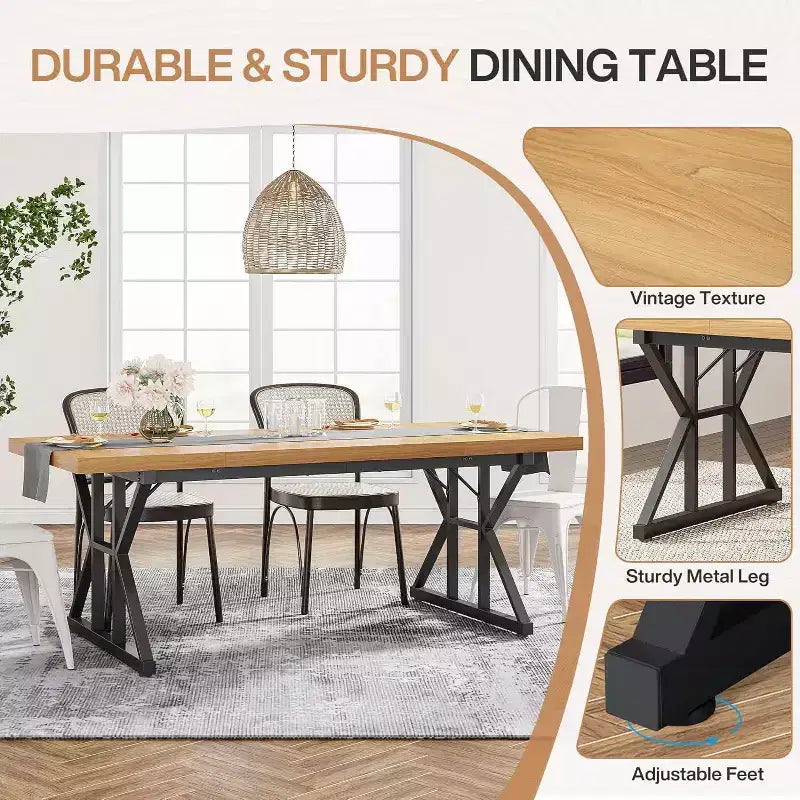 Grande table à manger rectangulaire Okak en bois rustique avec pieds métalliques en X, longue table de cuisine moderne pour salle à manger, repas de famille