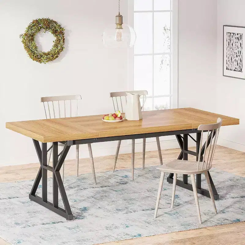 Grande table à manger rectangulaire Okak en bois rustique avec pieds métalliques en X, longue table de cuisine moderne pour salle à manger, repas de famille
