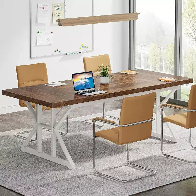 Grande table à manger rectangulaire Okak en bois rustique avec pieds métalliques en X, longue table de cuisine moderne pour salle à manger, repas de famille