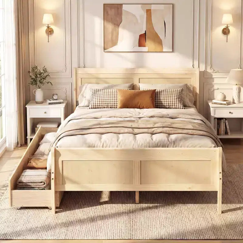 Cadre de lit double Costway avec 2 tiroirs de rangement Lit plateforme en bois avec tête de lit Beige/Blanc
