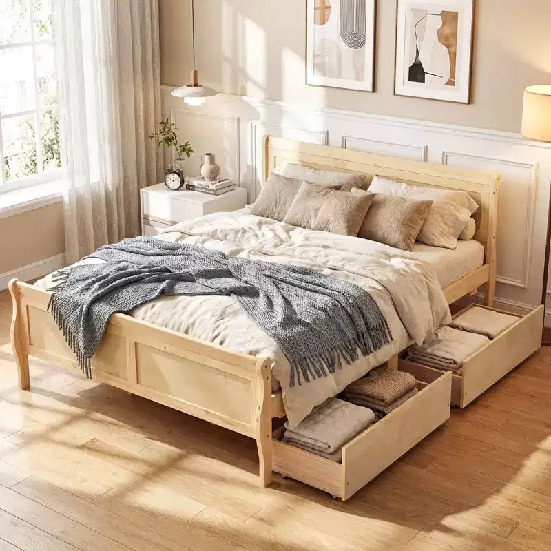 Cadre de lit double Costway avec 2 tiroirs de rangement Lit plateforme en bois avec tête de lit Beige/Blanc
