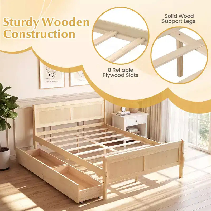 Cadre de lit double Costway avec 2 tiroirs de rangement Lit plateforme en bois avec tête de lit Beige/Blanc