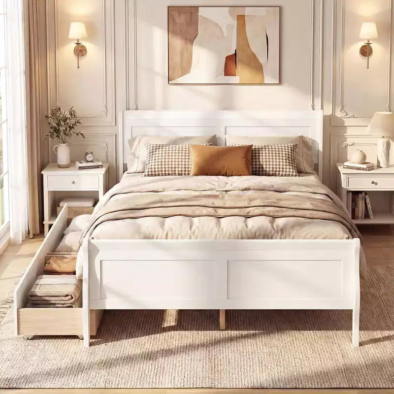 Cadre de lit double Costway avec 2 tiroirs de rangement Lit plateforme en bois avec tête de lit Beige/Blanc