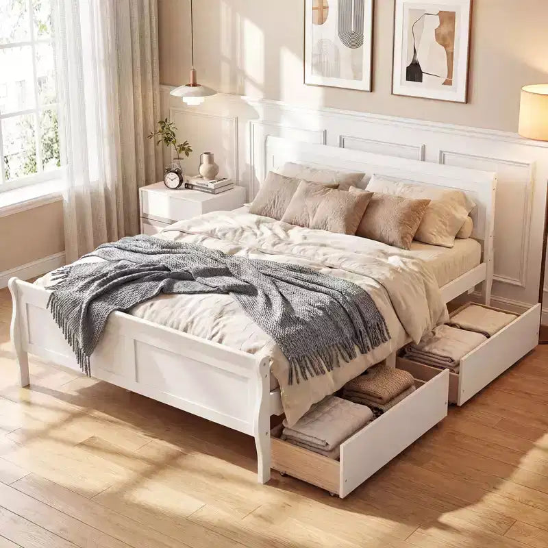 Cadre de lit double Costway avec 2 tiroirs de rangement Lit plateforme en bois avec tête de lit Beige/Blanc