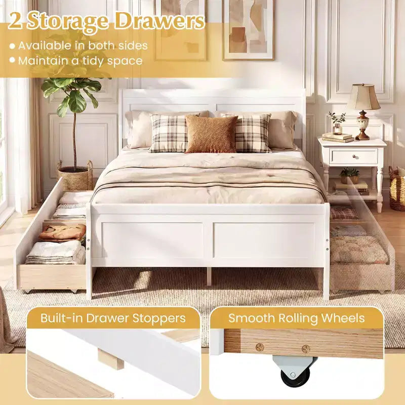 Cadre de lit double Costway avec 2 tiroirs de rangement Lit plateforme en bois avec tête de lit Beige/Blanc