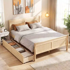 Cadre de lit double Costway avec 2 tiroirs de rangement Lit plateforme en bois avec tête de lit Beige/Blanc