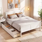 Cadre de lit double Costway avec 2 tiroirs de rangement Lit plateforme en bois avec tête de lit Beige/Blanc