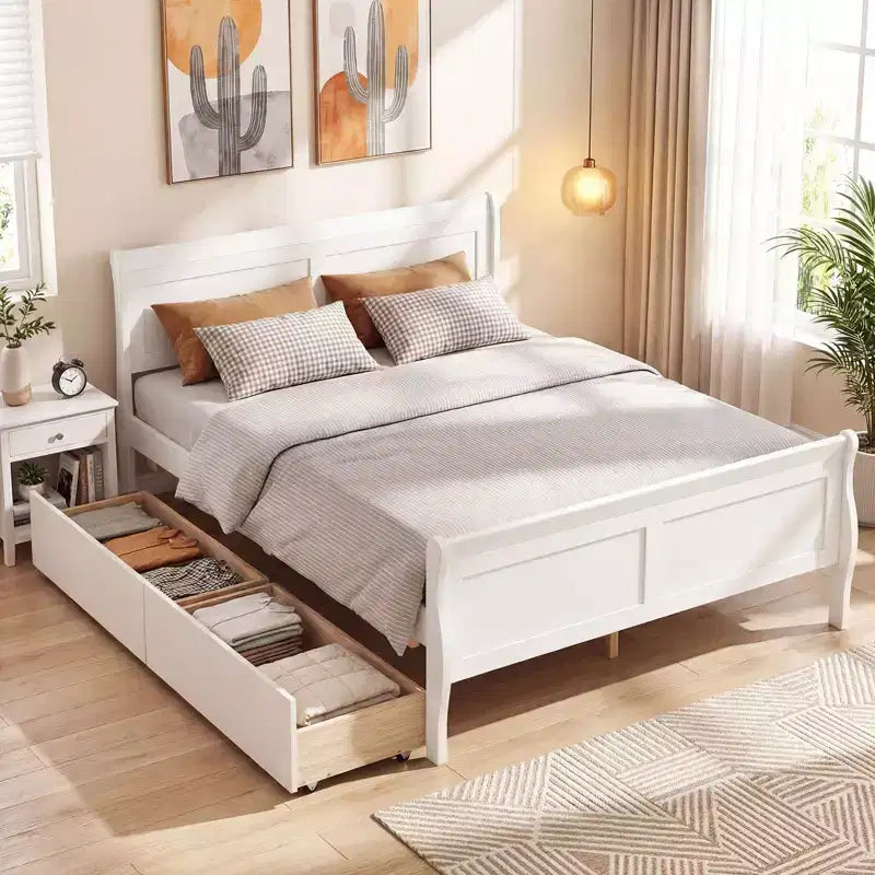 Cadre de lit double Costway avec 2 tiroirs de rangement Lit plateforme en bois avec tête de lit Beige/Blanc