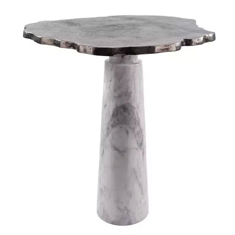 HomeRoots 22 Silver and White Aluminum and Marble Pedestal End Table