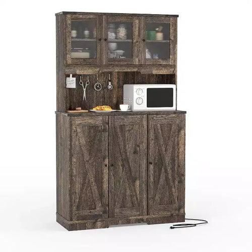 71 Tall Pantry Cabinet with Charging Station, Farmhouse Kitchen Hutch with Microwave Stand and Open Countertop for Living Room or Dining Room