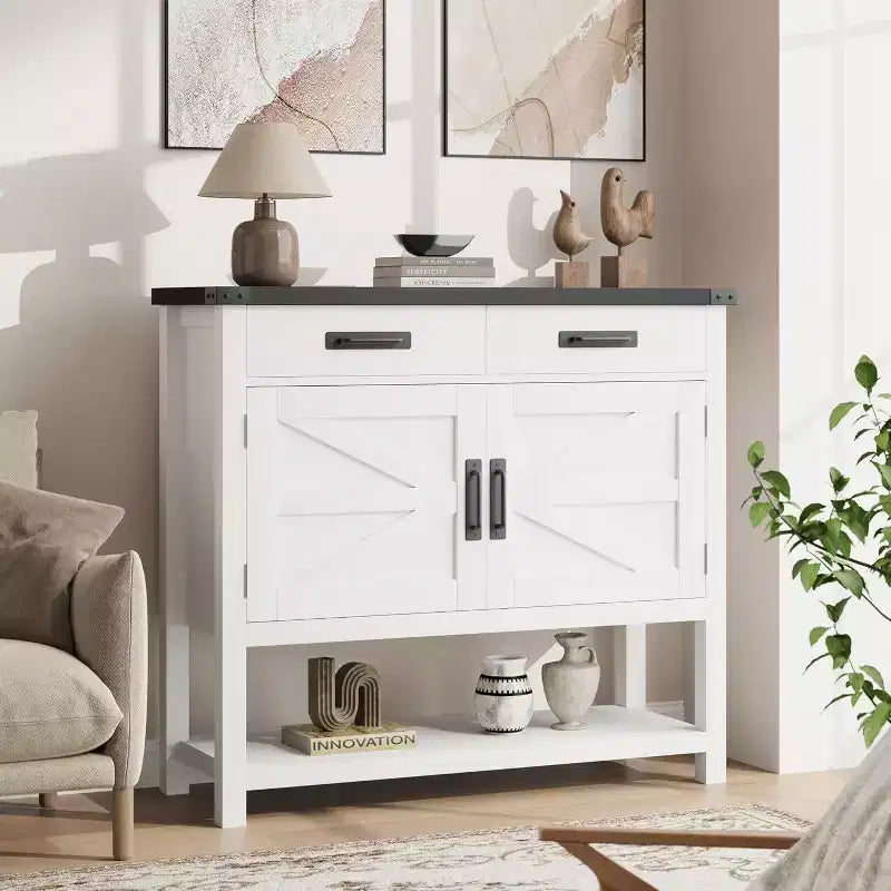 Table d'entrée de ferme avec armoire à 2 portes et 2 tiroirs, console en bois avec rangement, meuble bar à café, buffet pour la maison