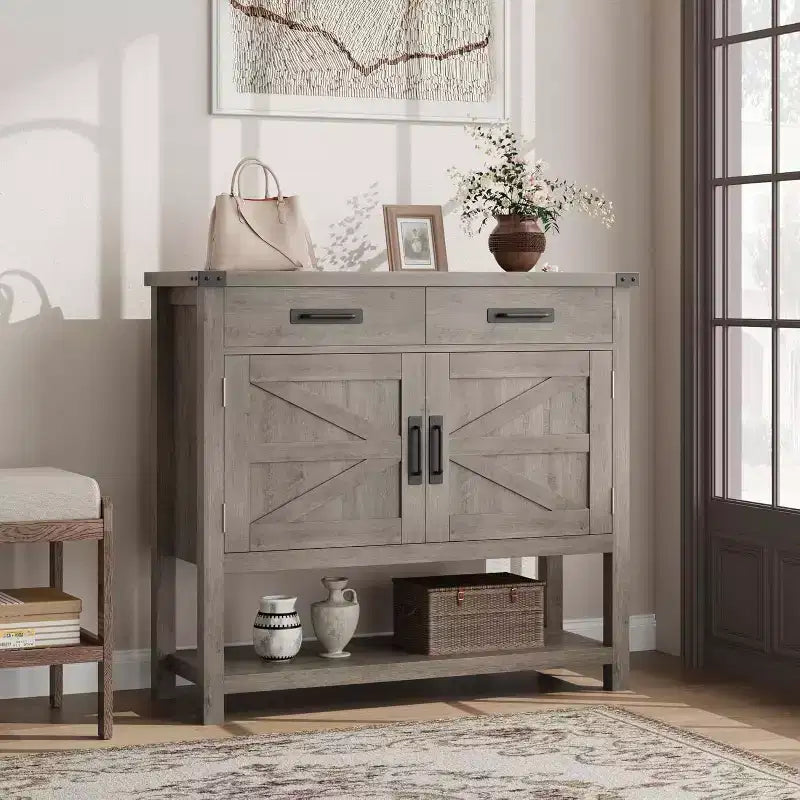 Farmhouse Entryway Table With 2-Door Cabinet & 2 Drawers, Wood Console Table With Storage, Coffee Bar Cabinet, Buffet Sideboard for Home