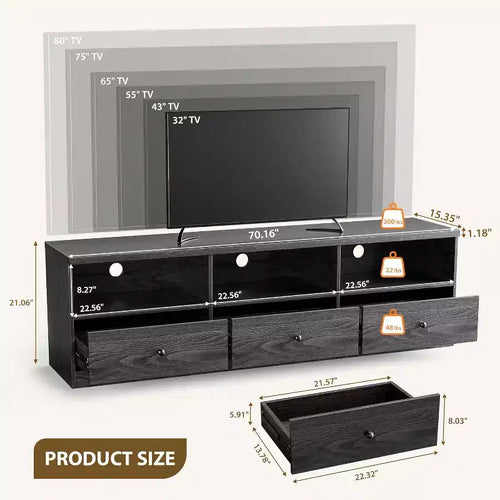 Meuble TV 70 po avec tiroir de rangement, Centre de divertissement pour téléviseurs jusqu'à 80 po, Meubles TV modernes pour salon et chambre