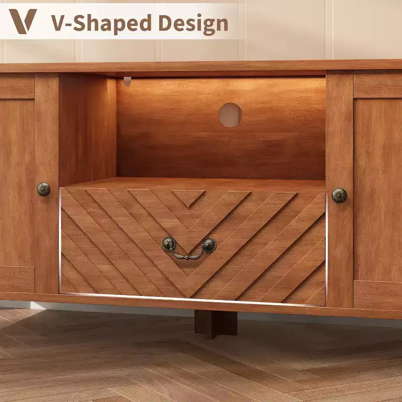 Meuble TV pour téléviseur de 65 pouces, meuble de divertissement avec lumières LED, console TV avec 2 rangements et 1 tiroir, meuble TV rétro en forme de V pour salon