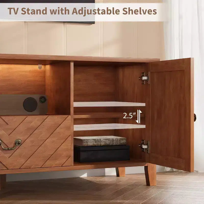 Meuble TV pour téléviseur de 65 pouces, meuble de divertissement avec lumières LED, console TV avec 2 rangements et 1 tiroir, meuble TV rétro en forme de V pour salon
